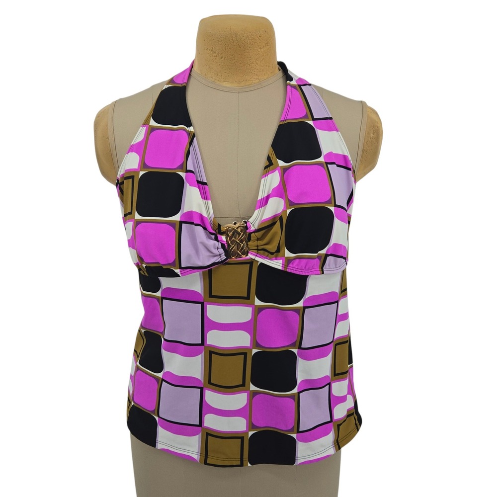 Anne Cole Tankini Swim Top Women 18 Lavender Geometric Halter Mod Vacation Beach